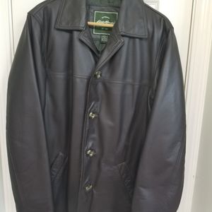 Men's mid-thigh leather jacket.